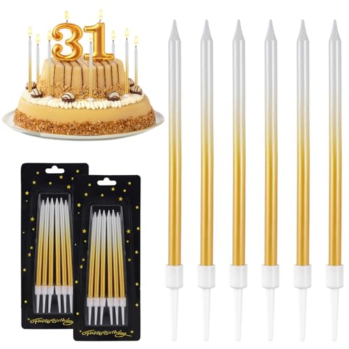 12 Stück Weiße und Goldene Geburtstagskerzen mit Haltern Geburtstagskerzen Kuchen Lange Metallisch Kerze für Geburtstag Hochzeit Abschlussfeier Jubiläum Dekorative Kinder Erwachsene von GOTFUN