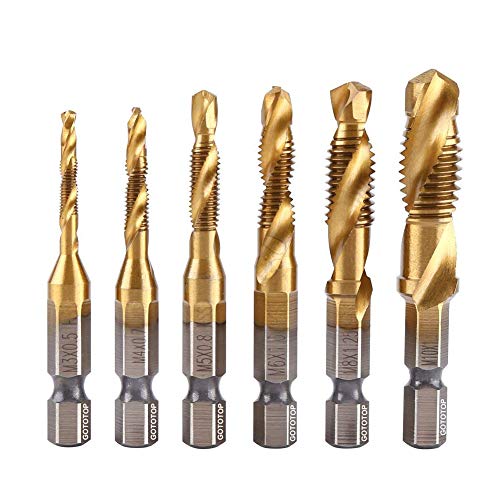 Metrisches Gewindebohrer-Set, metrisches Gewinde, Gewindebohrer und Gewindebohrer, 6 Stück, M3, M4, M5, M6, M8, M10, titanbeschichtet, HSS für Holz Kunststoff Dünnes Aluminium, Nicht für Hartes Metall Metrisches Gewindebohrer-Set, metrisches Gewinde, Gewindebohrer und Gewindebohrer, 6 Stück, M3, M4, M5, M6, M8, M10, titanbeschichtet, HSS für Holz Kunststoff Dünnes Aluminium, Nicht für Hartes Metall von GOTOTOP