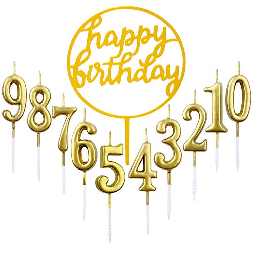 10 Stück Nummer 0-9 Geburtstag Ziffer Kuchen Kerzen + 1 Stück Brief Alles Gute zum Geburtstag Glitter Cake Topper Dekoration Kuchen Nummer Digitale Kerzen für Geburtstagsfeier Hochzeit (Golden) von GOTRUST