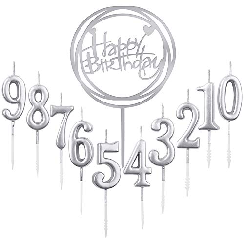 10 Stück Nummer 0-9 Geburtstag Ziffer Kuchen Kerzen + 1 Stück Brief Alles Gute zum Geburtstag Glitter Cake Topper Dekoration Kuchen Nummer Digitale Kerzen für Hochzeit (Silber) von GOTRUST