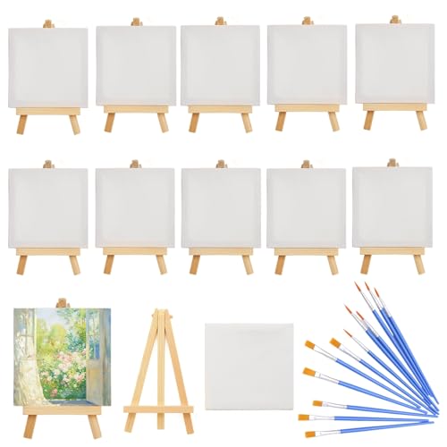 12 Stück Mini Leinwand mit Staffelei 10x10cm, Tischstaffelei Holz Klein Set, Mini Staffeleien mit Kunst Leinwände, Tisch Dekoration Staffeleien Kit für Display Fotos Kinder Malen von GOTRUST