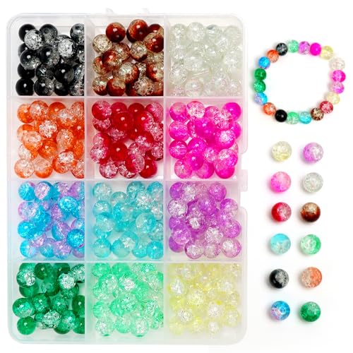 GOTRUST 240pcs Crackle Glasperlen zum Basteln, 8mm Edelstein Perlen Set Rund, Bunte Glasperlen Mix, Bunt Glas Edelsteinperlen zum Auffädeln mit Loch für DIY Armbänder Halskette Schmuckherstellung von GOTRUST