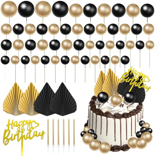 GOTRUST 61PCS Kugel Cake Topper, Schwarz Gold Tortendeko, Ballon Torten Deko, Cupcake Dekoration Kugeln, Ball Cake Topper für Geburtstag, Hochzeit Valentinstag Babyparty Mädchen Jungen von GOTRUST