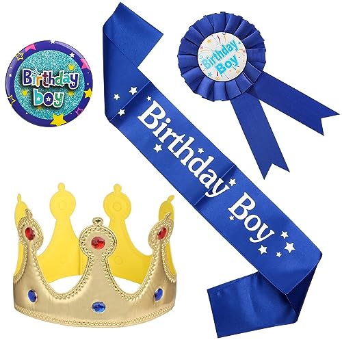 GOTRUST Birthday Boy Schärpe Junge Set, 4 Stück Geburtstag Königskrone und Schärpe Abzeichen Set, Jungen Geburtstag König Krone Deko für Geburtstag Kinder Party Zubehör Dekoration von GOTRUST