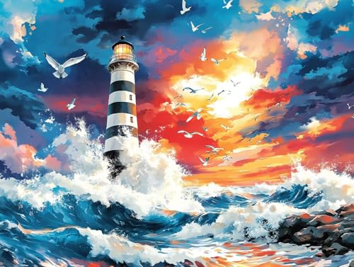 5D Diamond Painting Leuchtturm, Ozean Diamond Painting Erwachsene Kinder, DIY Crystal Art Bilder Basteln Erwachsene Anfänger Set für Heim Schlafzimmer Wohnzimmer Deko, Geschenke 25x35 cm N1-7F2 von GOUFEENG
