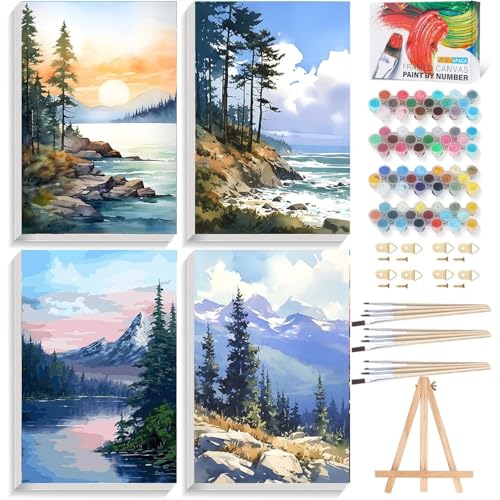 GOUGOUFAFA 4 Stück Malen Nach Zahlen Erwachsene- Landschaft Malen nach Zahlen Diy Erwachsene Mit Holzrahmen Holzstaffelei, Acrylfarbe Leinwand und 12 Pinsel Kit Geschenk Home Haus Deko(20×30cm) von GOUGOUFAFA