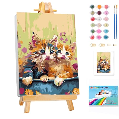 GOUGOUFAFA Katze Malen Nach Zahlen Kinder- Katze Malen Nach Zahlen ab 5 6 7 8 9 Jahre Mädchen Jungen, Malen Kinder mit Rahmen 2 Pinsel und Acrylfarben, 20X30cm von GOUGOUFAFA