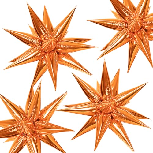 4 x orangefarbene 66 cm große Explosionsstern-Aluminiumfolien-Ballons mit orangefarbenem Sternen, Mylar-Ballons mit Spike-Point-Stern-Ballon für Geburtstagsparty, Hochzeit, Babyparty, Fotohintergrund von GOVAODE