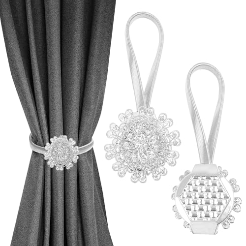 2Stks Dekorative Kristall Blumen Vorhang Clips, Funkelnde Magnetische Raffhalter, Vorhang Schnallen Halter Ohne Bohren, Vorhang Raffhalter mit Feder, Dehnbare Gardinenhalter für Zuhause Büro von GOWTX