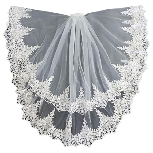 GOXQIT Brautschleier 2 Schichten Brautschleier mit Kamm, Kurze Ellenbogenlänge, Applikation, Spitzenkante for Hochzeit, Brautdekoration(75cm) von GOXQIT