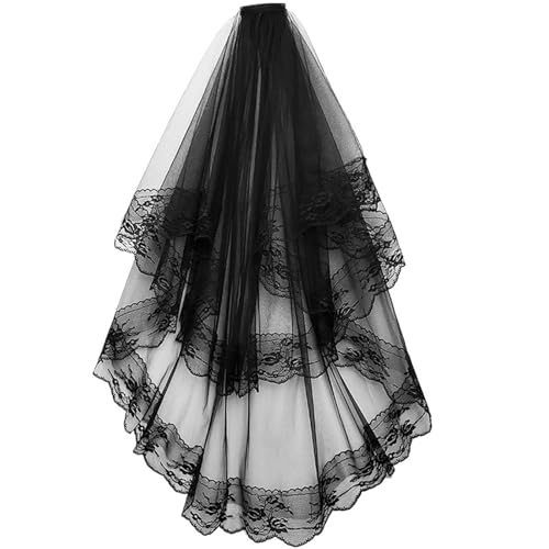 GOXQIT Brautschleier 2-stufiger Hochzeitsschleier mit Spitzenkante, Brautschleier mit Kamm, elegant for Hochzeit, Cosplay, Performance, Haarschmuck(Black) von GOXQIT