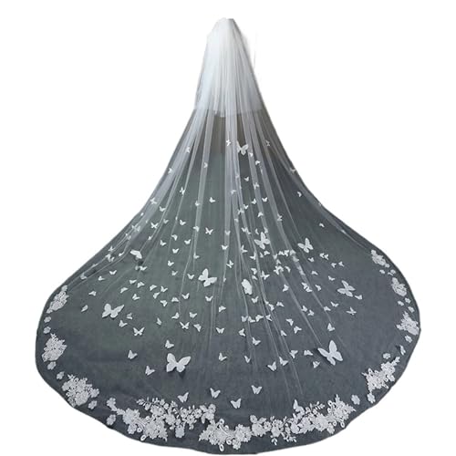 GOXQIT Brautschleier Hochzeit Schleier Lange Spitze Rand Braut Schleier Schmetterling Blumen Applikationen Gesicht-Bedeckt Mit Kamm for Hochzeit von GOXQIT