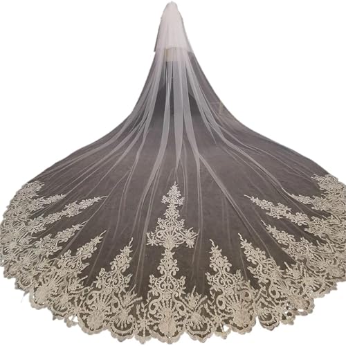 GOXQIT Brautschleier Langer Hochzeitsschleier, Spitzen-Hochzeitsschleier, 4 Meter, Brautschleier mit Kamm, Rouge for Braut, Kopfschmuck, Zubehör(350cm) von GOXQIT