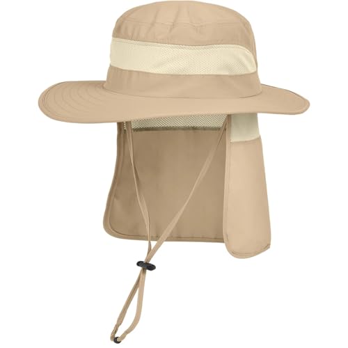 GOXQIT Fischerhut Sonnenhut for Herren, mit Nackenklappe, Faltbarer Boonie-Hut aus Netzstoff for den Sommer, for Angeln, Wandern, Gartenarbeit(Khaki) von GOXQIT