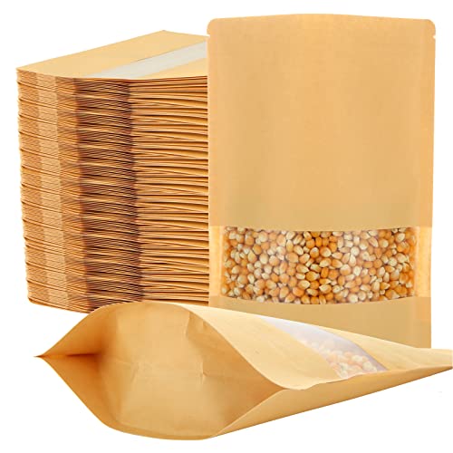 GOYADA 100 Stück Papiertüten mit Fenster, 18 x 26 cm Kraftpapier mit Zip, Braune Papier Beutel Mit Sichtfenster für Bohnen, Tee, Gewürze, Getrocknete Früchte von GOYADA