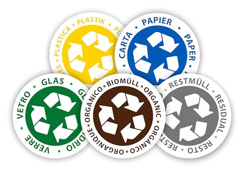 Recycling-Aufkleber, 5 Stück, 5 cm, Glas, Kunststoff, organisch, restliche Aufkleber, verschiedene Sprachen, Abfallmanagement, für Außenbereich, Haus, Büro (5 cm) von GOYAPRINT