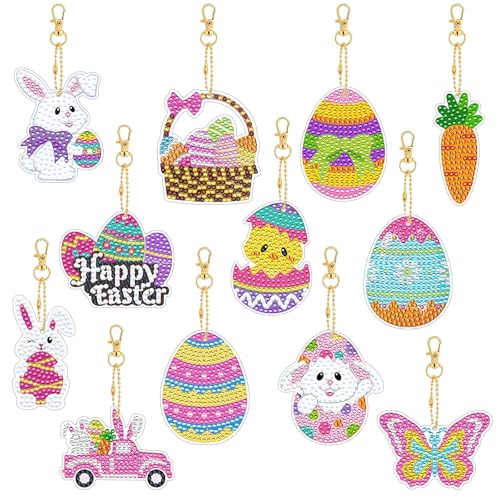 GOZINA Diamond Painting Ostern, 12 Stück 5D Diamonds Painting Set Ostern, DIY Doppelseitige Ostern Diamond Painting für Kinder, Diamond Paint Ostern Anhänger für Osterdeko und Geschenk (Hase) von GOZINA