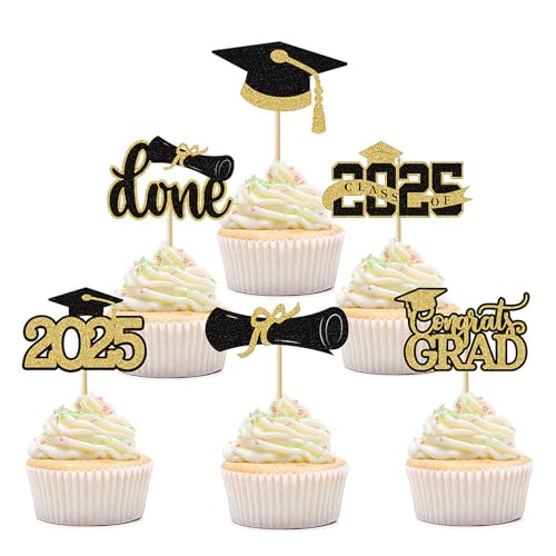 GOZINA Tortenaufsatz für Abschlussfeier, Klasse 2025, 24 Stück, Cupcake-Topper, Abschluss-Kuchendekorationen, Glückwunschabgänger 2025, Schwarz und Gold, Kuchendekoration, Party-Requisiten GOZINA Tortenaufsatz für Abschlussfeier, Klasse 2025, 24 Stück, Cupcake-Topper, Abschluss-Kuchendekorationen, Glückwunschabgänger 2025, Schwarz und Gold, Kuchendekoration, Party-Requisiten von GOZINA