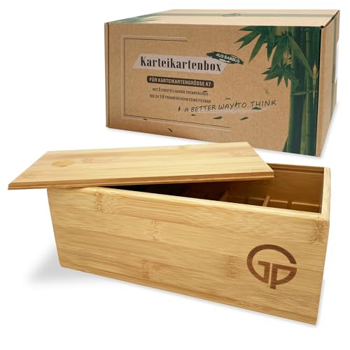 GP Get Productive Karteikasten für 1000 DIN A5 Karteikarten, inkl. 4 einstellbaren Trennbrettern der Lernbox, Bambus Holz Karteibox glanzbeschichtet in premium Qualität, Die Lernkarteibox! von GP Get Productive