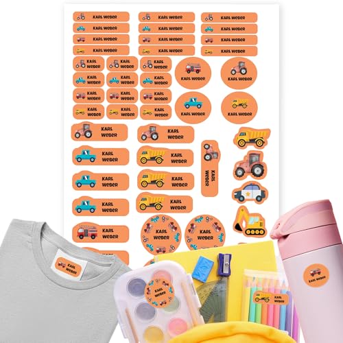 Namensaufkleber Kinder für Schule & Kita 50 Stk. Personalisierte Aufkleber für Kleidung & Spielzeug, Spülmaschinenfest, für Tassen, Trinkflaschen alle Schulsachen, Wasserfest Mix Fahrzeuge Oragne von GP TONER