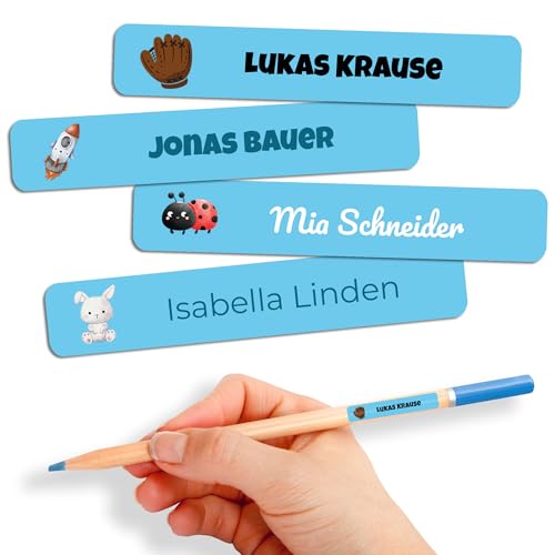 Namensaufkleber Kinder für Schule & Kita 80 Stk. Personalisierte Aufkleber für Kleidung & Spielzeug, Spülmaschinenfest, für Tassen, Trinkflaschen alle Schulsachen, Wasserfest 55x8 mm Blau von GP TONER