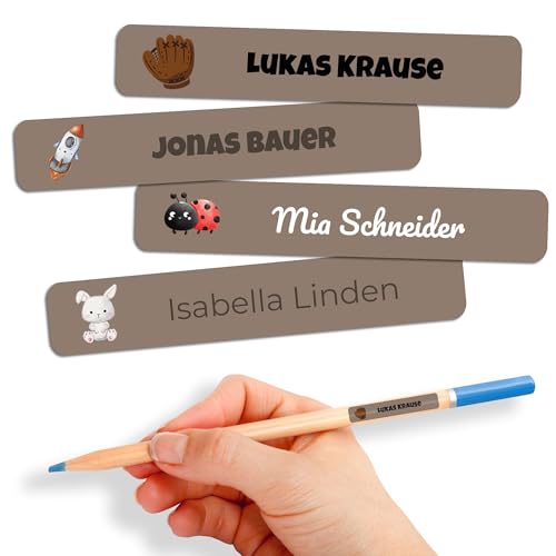 Namensaufkleber Kinder für Schule & Kita 80 Stk. Personalisierte Aufkleber für Kleidung & Spielzeug, Spülmaschinenfest, für Tassen, Trinkflaschen alle Schulsachen, Wasserfest 55x8 mm Braun von GP TONER
