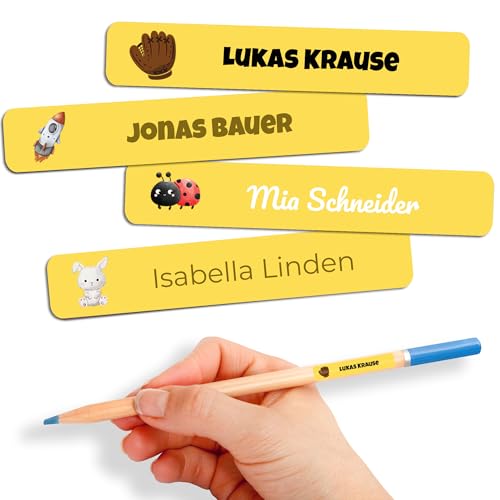 Namensaufkleber Kinder für Schule & Kita 80 Stk. Personalisierte Aufkleber für Kleidung & Spielzeug, Spülmaschinenfest, für Tassen, Trinkflaschen alle Schulsachen, Wasserfest 55x8 mm Gelb von GP TONER