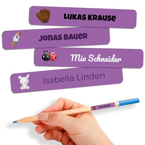 Namensaufkleber Kinder für Schule & Kita 80 Stk. Personalisierte Aufkleber für Kleidung & Spielzeug, Spülmaschinenfest, für Tassen, Trinkflaschen alle Schulsachen, Wasserfest 55x8 mm Lila von GP TONER