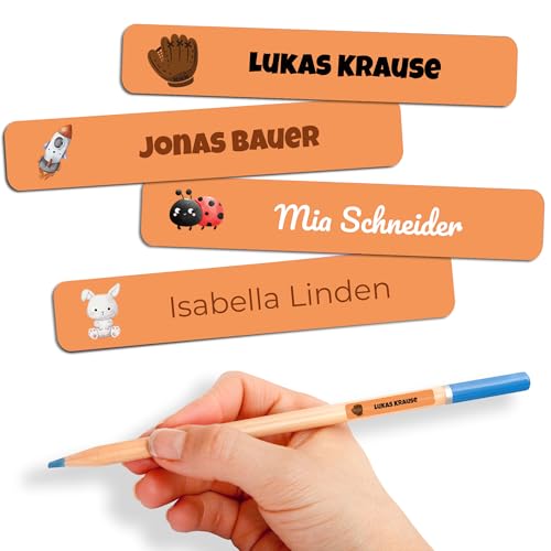 Namensaufkleber Kinder für Schule & Kita 80 Stk. Personalisierte Aufkleber für Kleidung & Spielzeug, Spülmaschinenfest, für Tassen, Trinkflaschen alle Schulsachen, Wasserfest 55x8 mm Orange von GP TONER