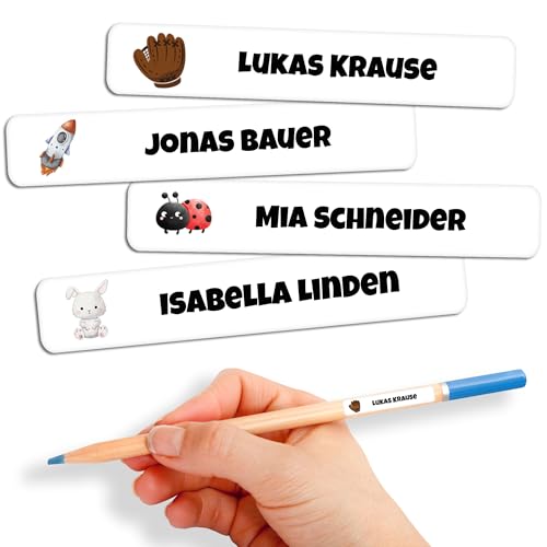 Namensaufkleber Kinder für Schule & Kita 80 Stk. Personalisierte Aufkleber für Kleidung & Spielzeug, Spülmaschinenfest, für Tassen, Trinkflaschen alle Schulsachen, Wasserfest 55x8 mm Weiß von GP TONER