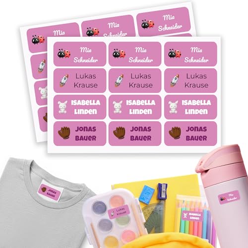 Namensaufkleber Kinder für Schule & Kita 90 Stk. Personalisierte Aufkleber für Kleidung & Spielzeug, Spülmaschinenfest, für Tassen, Trinkflaschen alle Schulsachen, Wasserfest 30x13 mm Rosa von GP TONER