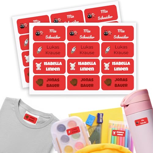Namensaufkleber Kinder für Schule & Kita 90 Stk. Personalisierte Aufkleber für Kleidung & Spielzeug, Spülmaschinenfest, für Tassen, Trinkflaschen alle Schulsachen, Wasserfest 30x13 mm Rot von GP TONER