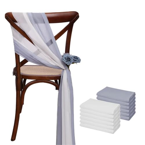 GPDNBIEU, 12 Stück 17 x 275 cm rosa Chiffon-Stuhlschärpen, 12er-Set Stuhlschärpe, Hochzeitsstuhlhussen, Band, Hochzeit, Party, Gang, Stuhldekoration(White Gray Blue) von GPDNBIEU