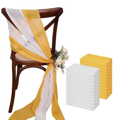 GPDNBIEU, 24 Stück 17 x 275 cm Chiffon-Stuhlschärpen, 12 Sets weiße Stuhlschärpen, Hochzeits-Stuhlschärpen, Band, Hochzeit, Party, Gang, Stuhl-Dekoration(White Yellow) von GPDNBIEU