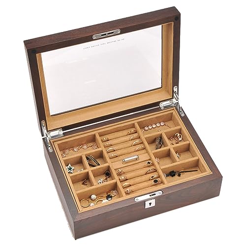 GPDNBIEU, Schmuckschatulle aus Ulmenholz, Schmuckvitrine, Schmuckaufbewahrung mit Glasdeckel und Schloss, Schmuck-Organizer for Halsketten, Armbänder, Ohrringe, Uhren, Damen und Mädchen GPDNBIEU, Schmuckschatulle aus Ulmenholz, Schmuckvitrine, Schmuckaufbewahrung mit Glasdeckel und Schloss, Schmuck-Organizer for Halsketten, Armbänder, Ohrringe, Uhren, Damen und Mädchen von GPDNBIEU