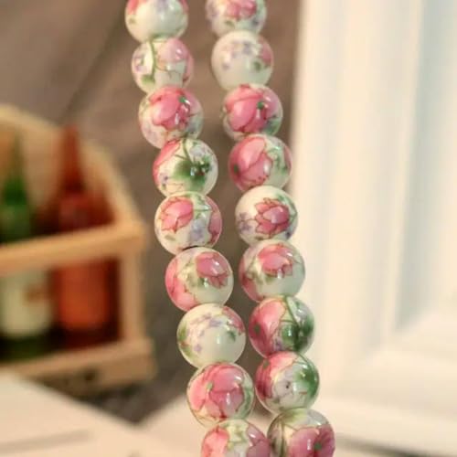 20 Stück 8 mm 10 mm handgefertigte runde Keramikperlen Blumendesign Porzellan lose Perlen für Schmuck Halskette Armband DIY Perlen-Rosa große Blume 21–8 mm 20 Stück von GPRTPL