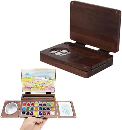 Skizzenbuch Palette aus Walnuss, Tragbare Aquarellfarben Palette, Reise Wasserfarbkasten, Zusammenklappbar Tuschkasten, Aquarell Travel Set für Aquarell-, Gouache-, Acryl- und Ölmalerei (24 Raster) von GQDGCU