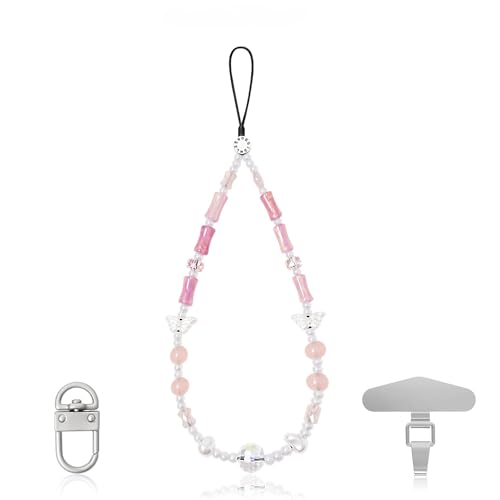 GQGQA Rosa weiße Handykette mit Perlen, Handy-Anhänger, Perlen-Handgelenkschlaufe, Perlen-Handgelenkschlaufe, Kristall GQGQA Rosa weiße Handykette mit Perlen, Handy-Anhänger, Perlen-Handgelenkschlaufe, Perlen-Handgelenkschlaufe, Kristall von GQGQA