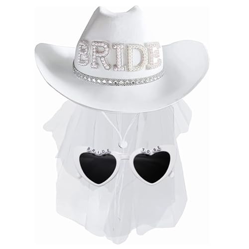 GQXJIAH Cowboyhut und Schleier-Sonnenbrillen-Set für Junggesellinnenabschied, weißer Cowgirl-Hut, Hochzeit, Brautparty, Geschenk für zukünftige Braut, Country-Western-Neuheit GQXJIAH Cowboyhut und Schleier-Sonnenbrillen-Set für Junggesellinnenabschied, weißer Cowgirl-Hut, Hochzeit, Brautparty, Geschenk für zukünftige Braut, Country-Western-Neuheit von GQXJIAH