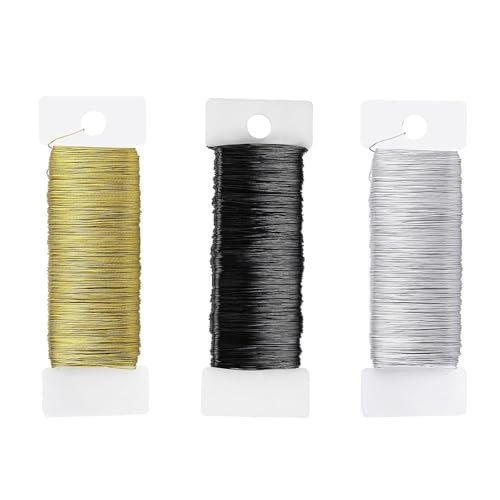 0,35mm x 50m Basteldraht Dünn, 3 Rollen, Blumendraht Wickeldraht Modellierdraht Floristendraht für Schmuckherstellung Bastelarbeiten, Schwarz, Gold und Silber von GQunit
