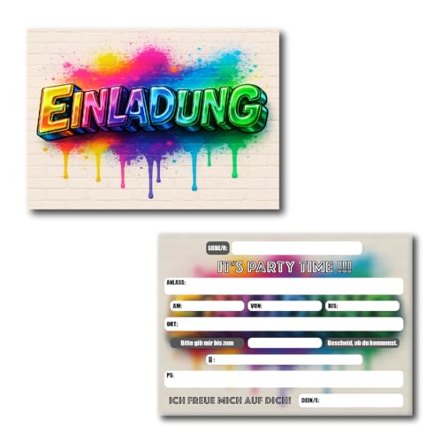 GRAFBURG - Einladungskarten Kindergeburtstag mit 3D Effekt – DIN A6 - Coole Einladungen für Jungen & Mädchen – Geburtstagskarten Graffiti-Design Splash (8 Stück) von GRAFBURG