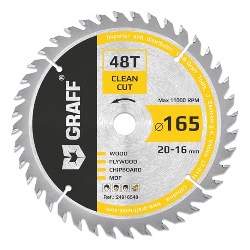 Kreissägeblatt 165x20 mm für Holz (fein) – Sägeblatt 165x20 für feine Schnitte von Weich und Hartholz (48 Zähne) – Kompatibel mit Makita und Bosch Sägeblatt 165x20 von GRAFF