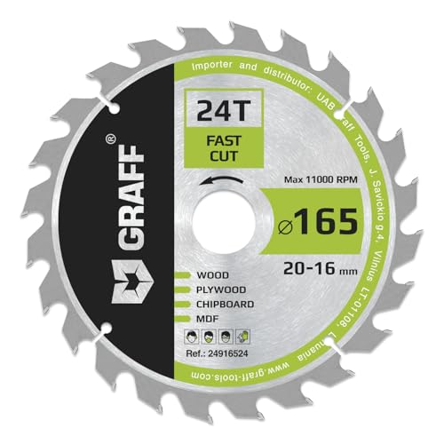Kreissägeblatt 165x20 mm für Holz (grob) – Sägeblatt 165x20 für schnelle Schnitte von Weich und Hartholz (24 Zähne) – Kompatibel mit Makita und Bosch Sägeblatt 165x20 von GRAFF