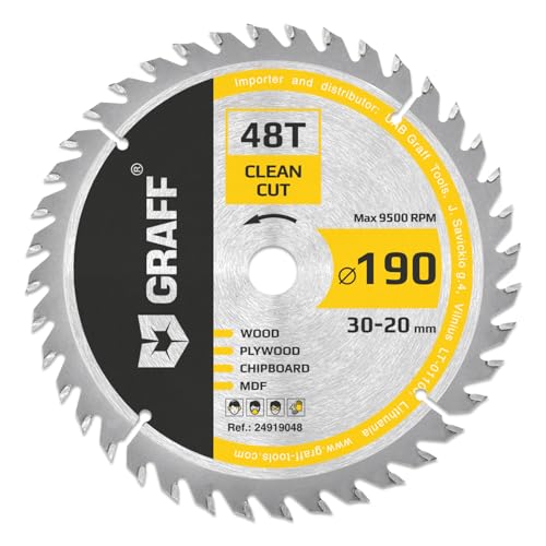 Kreissägeblatt 190x30 mm für Holz (fein) – Sägeblatt 190x30 für feine Schnitte von Weich und Hartholz (48 Zähne) – Kompatibel mit Makita und Bosch Sägeblatt 190x30 von GRAFF