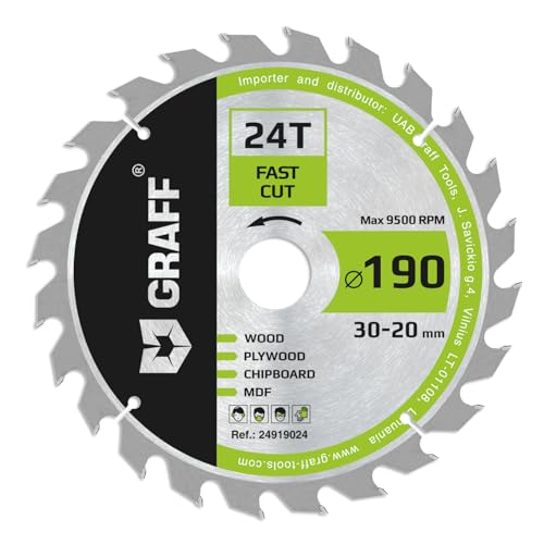 Kreissägeblatt 190x30 mm für Holz (grob) – Sägeblatt 190x30 für schnelle Schnitte von Weich und Hartholz (24 Zähne) – Kompatibel mit Makita und Bosch Sägeblatt 190x30 von GRAFF