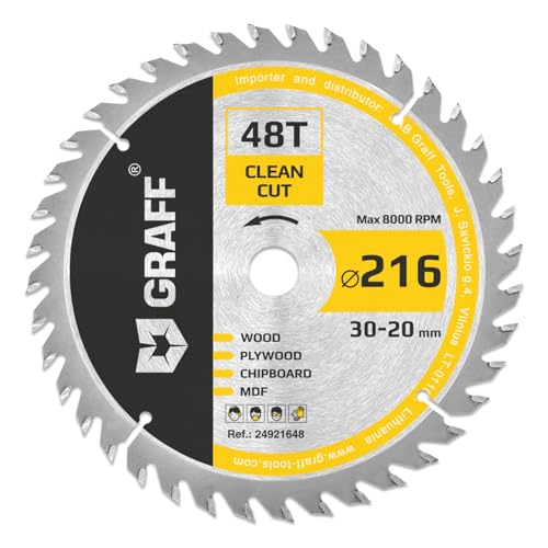 Kreissägeblatt 216x30 mm für Holz (fein) – Sägeblatt 216x30 für feine Schnitte von Weich und Hartholz (48 Zähne) – Kompatibel mit Makita und Bosch Sägeblatt 216x30 von GRAFF