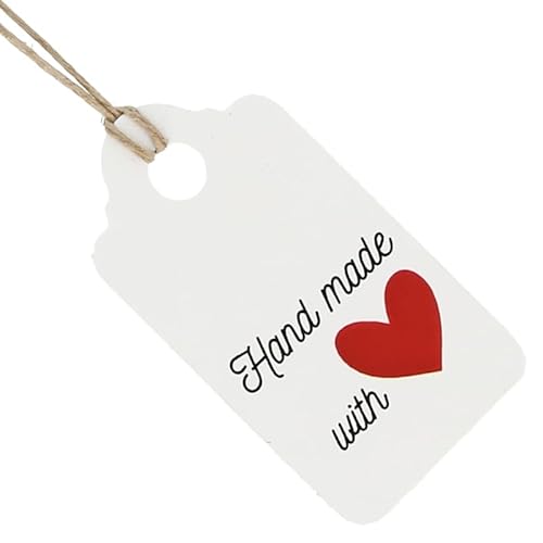 Handmade with Love Rechteckige Etiketten, Weiß, 2,9 x 5 cm, ideal zum Personalisieren von Geschenken, weißer Hintergrund mit rotem Herz, inklusive Schnur von GRAN VELADA