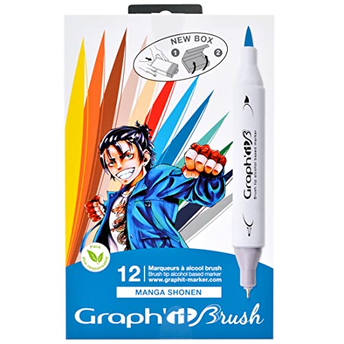 GRAPH'IT Brush Marker Set mit 12 Alkoholmarkern mit doppelter Spitze für Manga und Illustration, extrafeine Spitze und Pinsel – Manga Shonen Set GRAPH'IT Brush Marker Set mit 12 Alkoholmarkern mit doppelter Spitze für Manga und Illustration, extrafeine Spitze und Pinsel – Manga Shonen Set von GRAPH'IT