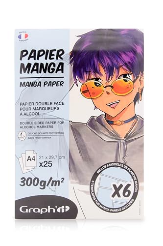 GRAPH'IT Manga-Block, 25 Blatt, 300 g, extra weiß, speziell für Alkoholmarker, 1 Seite geklebt, widerstandsfähiges Papier für Alkoholtinte, 6 Manga-Vorlagen auf Ebenen enthalten – Format A4 von GRAPH'IT