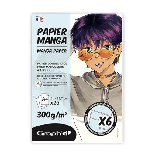 GRAPH'IT Manga-Block, 25 Blatt, 300 g, extra weiß, speziell für Alkoholmarker, 1 Seite geklebt, widerstandsfähiges Papier für Alkoholtinte, 6 Manga-Vorlagen auf Ebenen enthalten – Format A4 von GRAPH'IT
